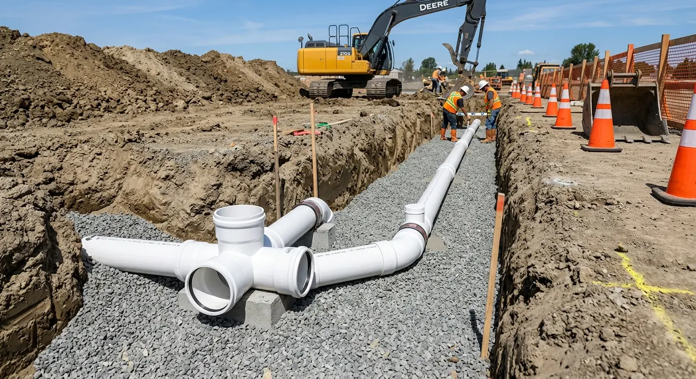 New PVC sewer pipe installation in open trench for Sewer Backup in Desert Palms
