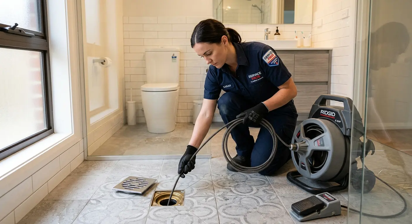 Technician clearing a bathroom floor drain for Drain Cleaning in Desert Palms